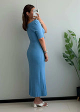 SIZE M-L, Blue Twist Front Ribbed Midi Dress - Closet by Payal