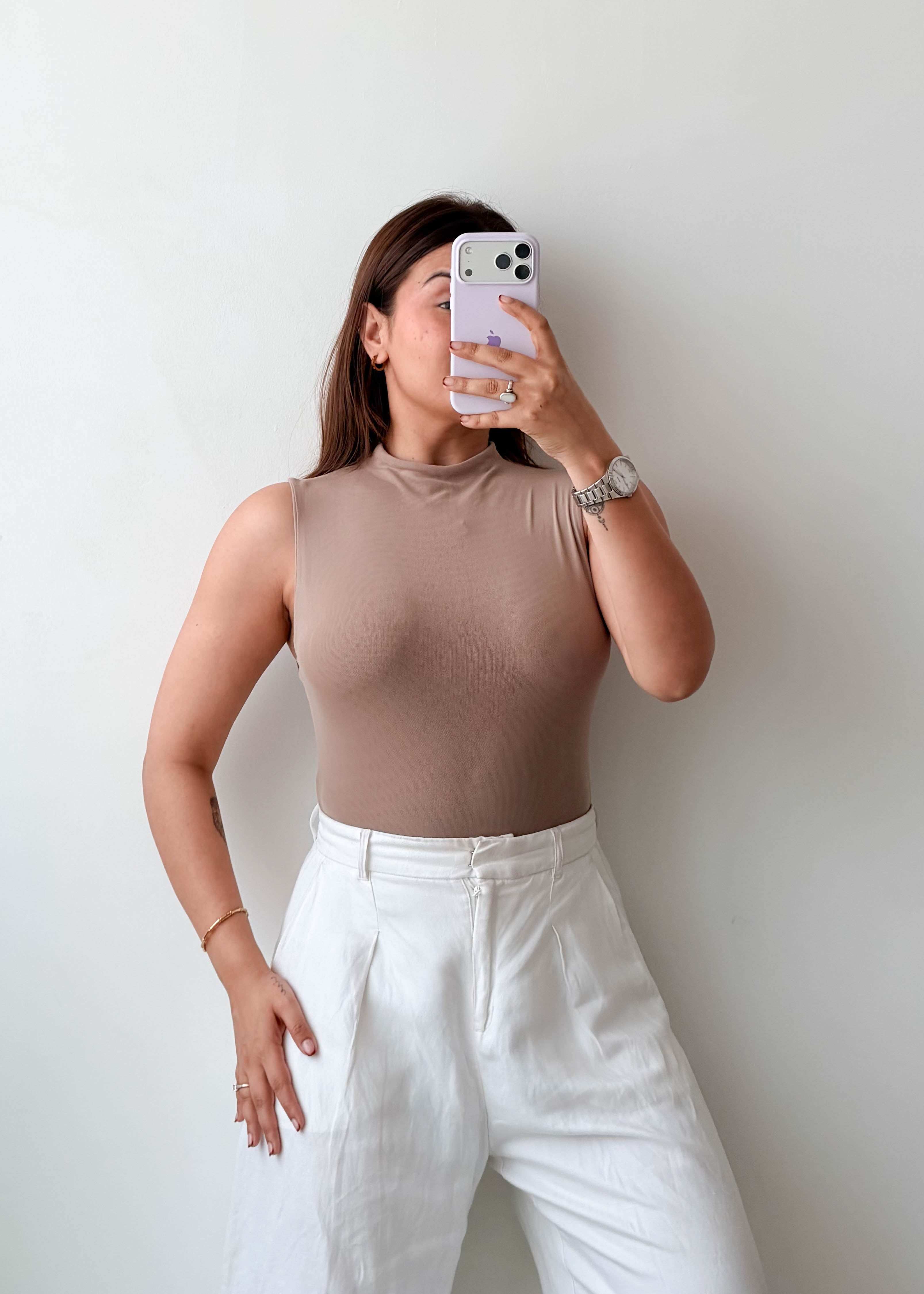 Size S-M Taupe High Neck Ribbed Bodysuit