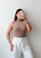 Size S-M Taupe High Neck Ribbed Bodysuit