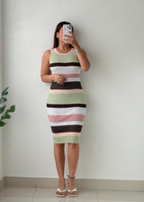 Size M-L Multicolor Striped Ribbed Midi Dress