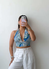 Size XS-S Blue Abstract Halter Neck Top