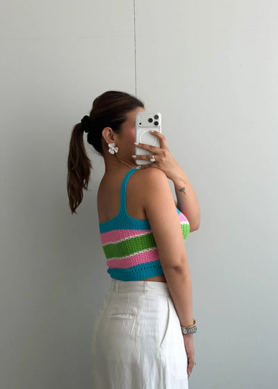 Size S-M, Multi-Color Stripe Crochet Crop Top - Closet by Payal