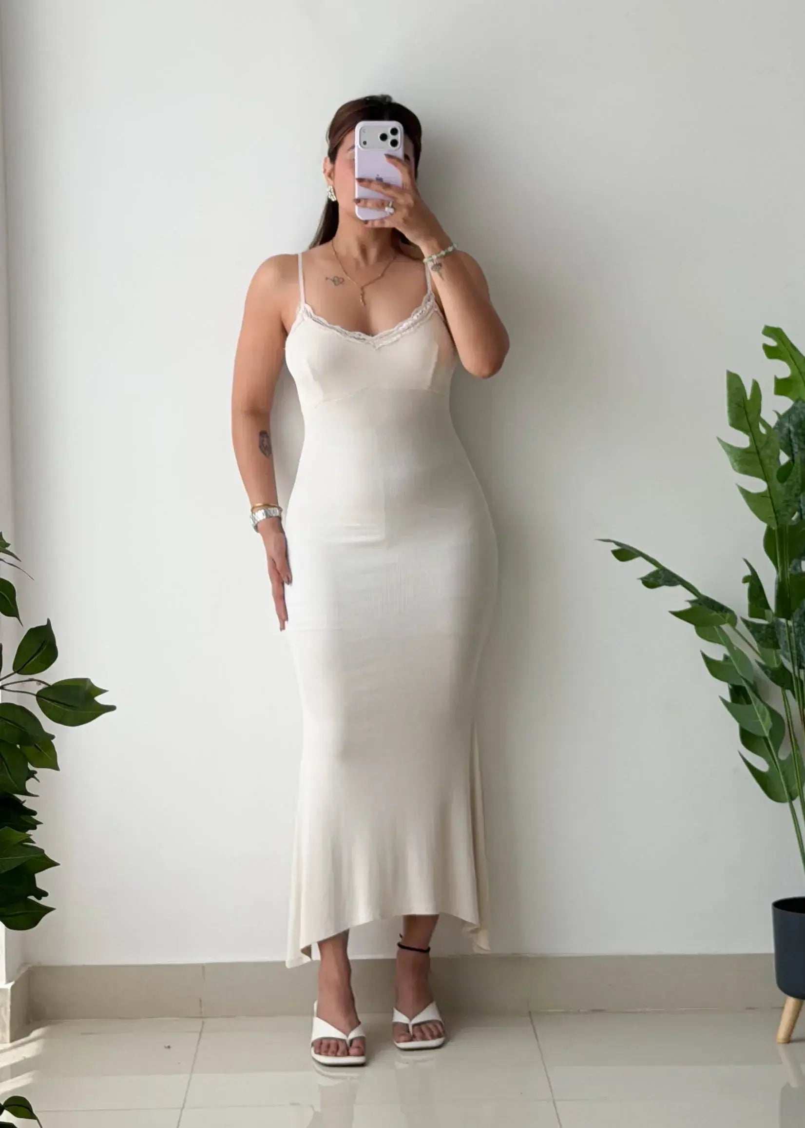 Size XS-S, Beige Lace Trim Maxi Dress - Closet by Payal