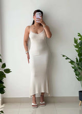 Size XS-S, Beige Lace Trim Maxi Dress - Closet by Payal