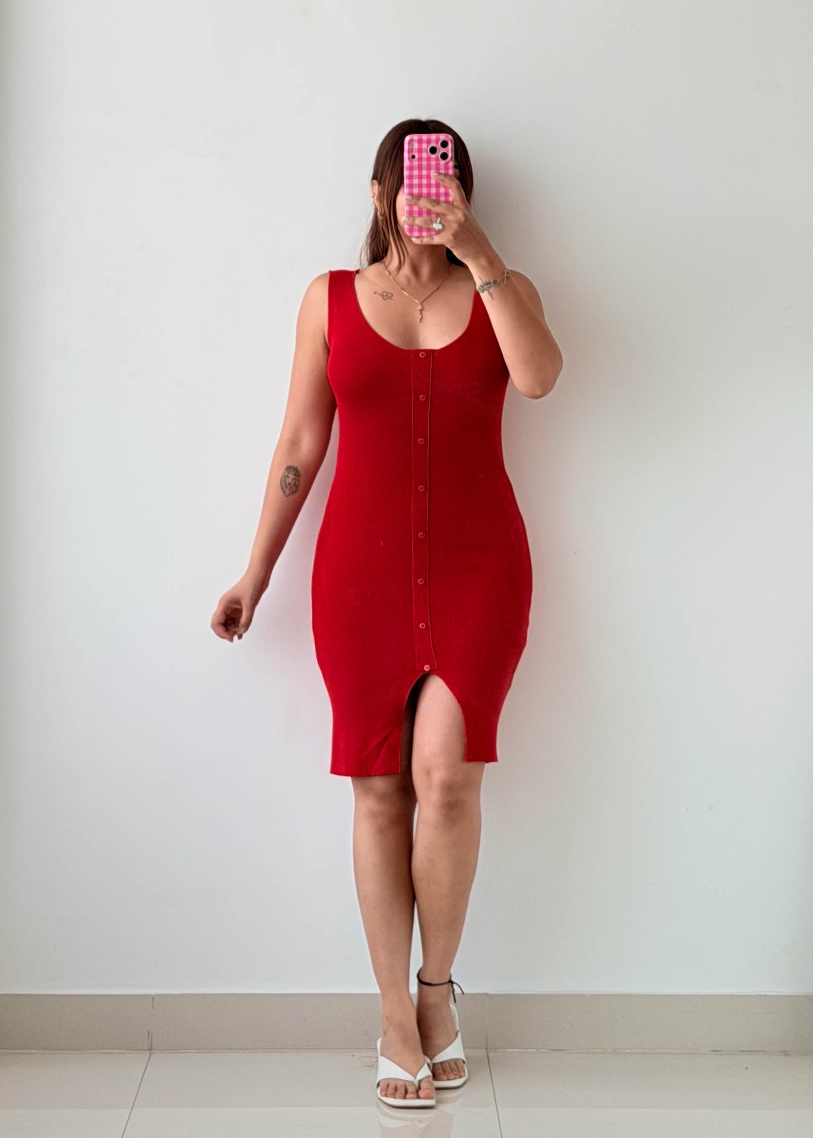 Size S-M Red Button Front Bodycon Dress