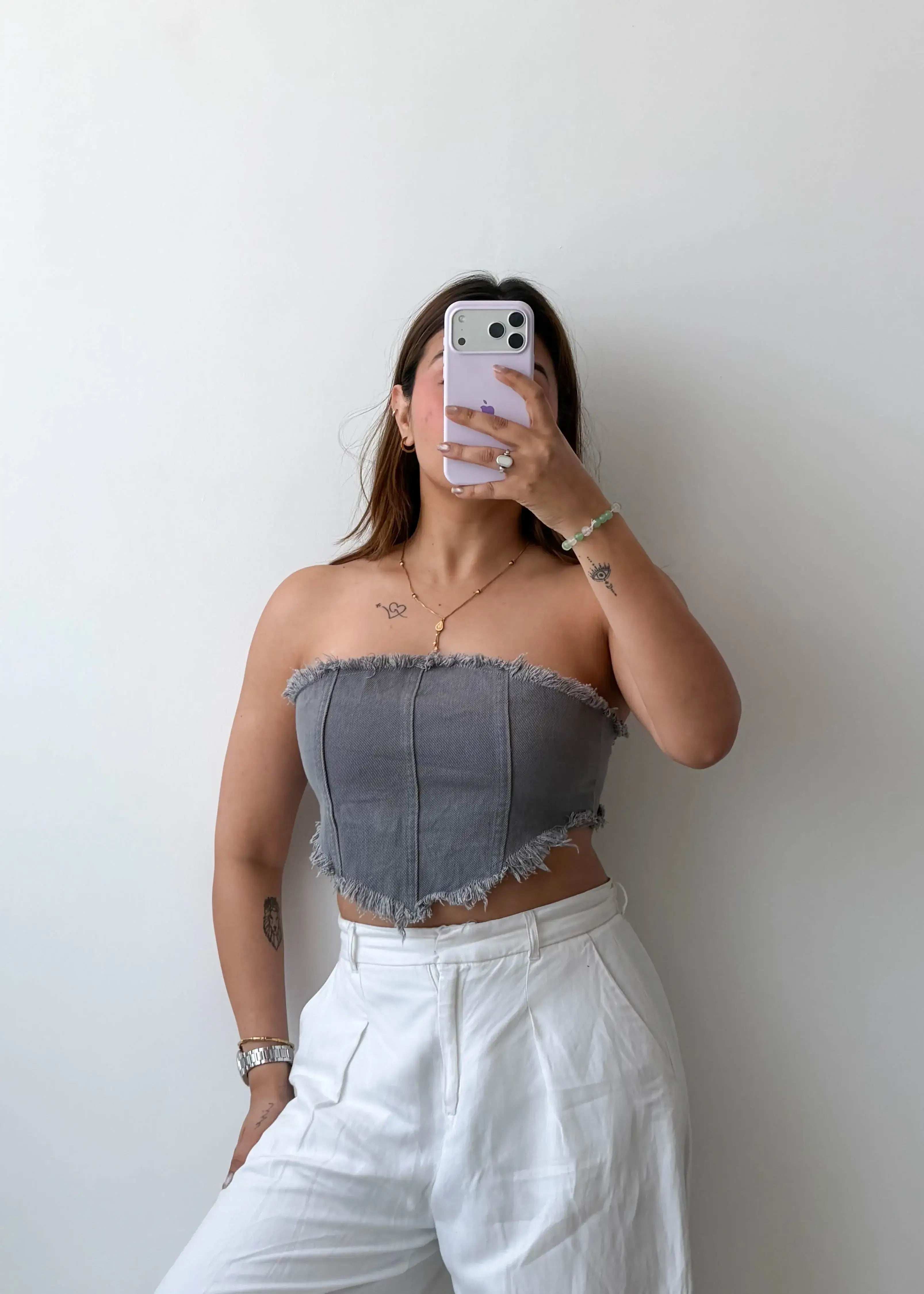 Size XS-S Denim Grey Raw Edge Tube Top
