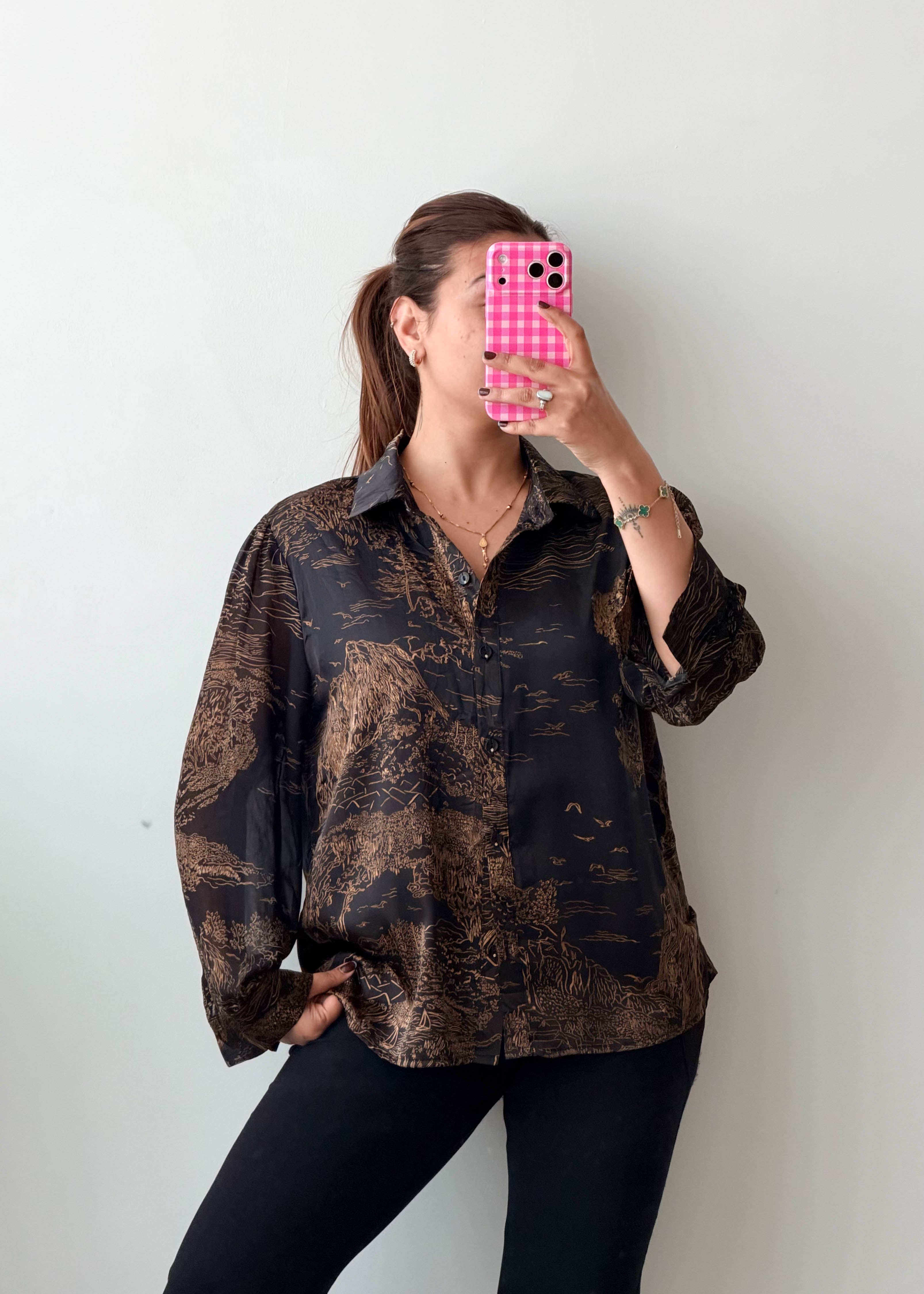 Size S-M Black Brown Scenic Print Shirt Top