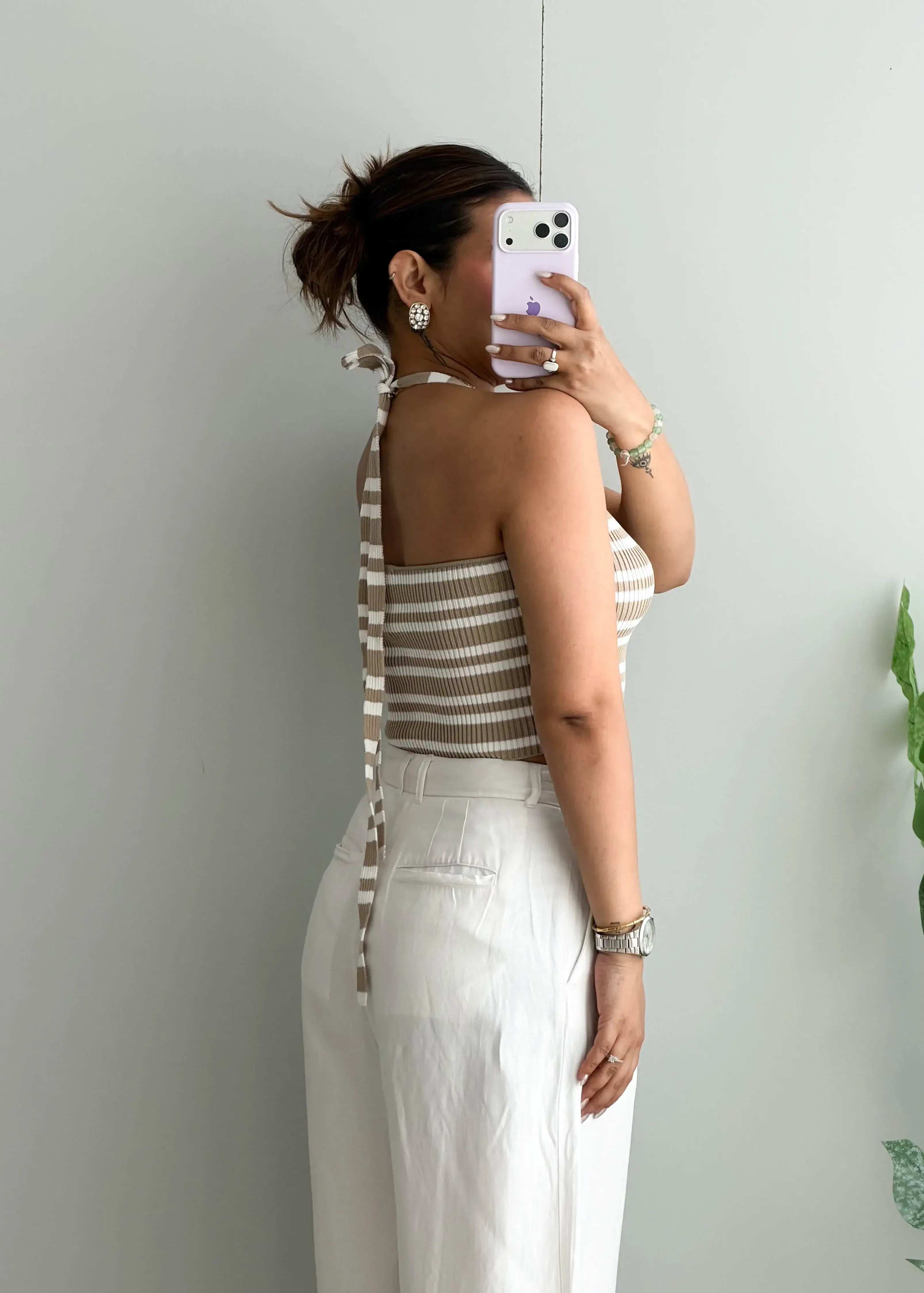 Size S-M, Beige & White Striped Halter Neck Top - Closet by Payal