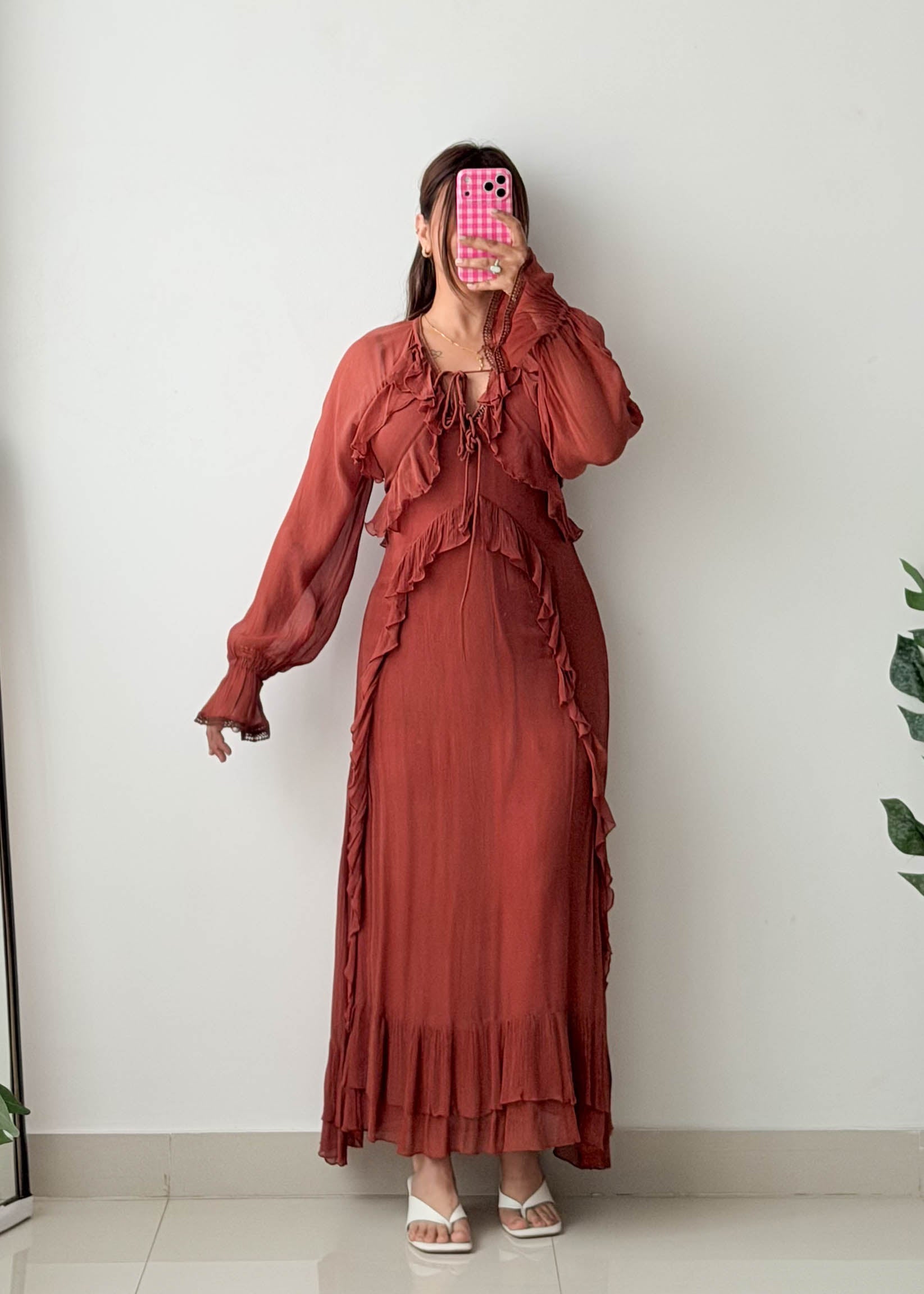 Size S-M Rust Ruffle Maxi Dress