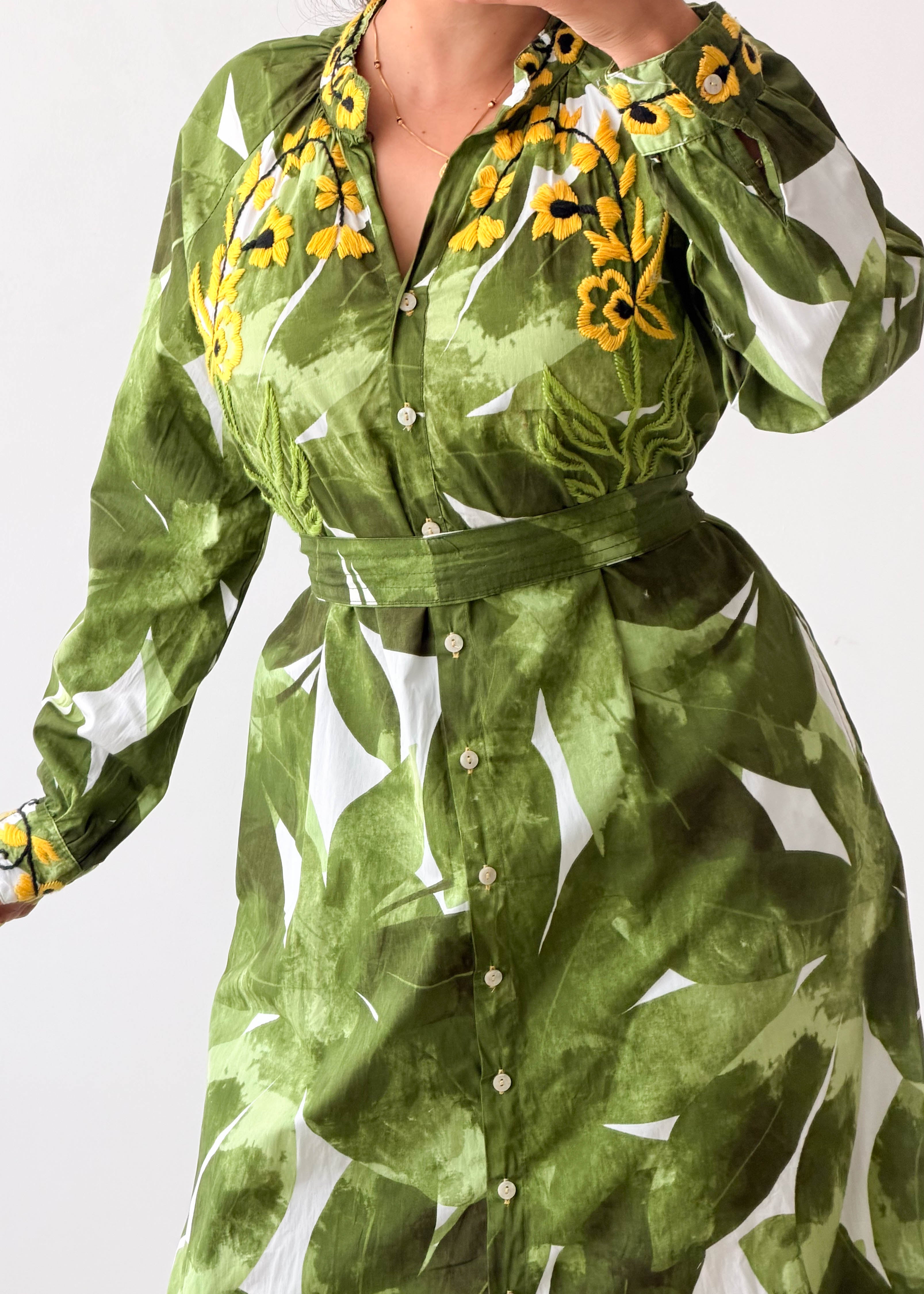 Size M-L Green Tropical Belted Shirt Dress