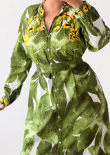 Size M-L Green Tropical Belted Shirt Dress