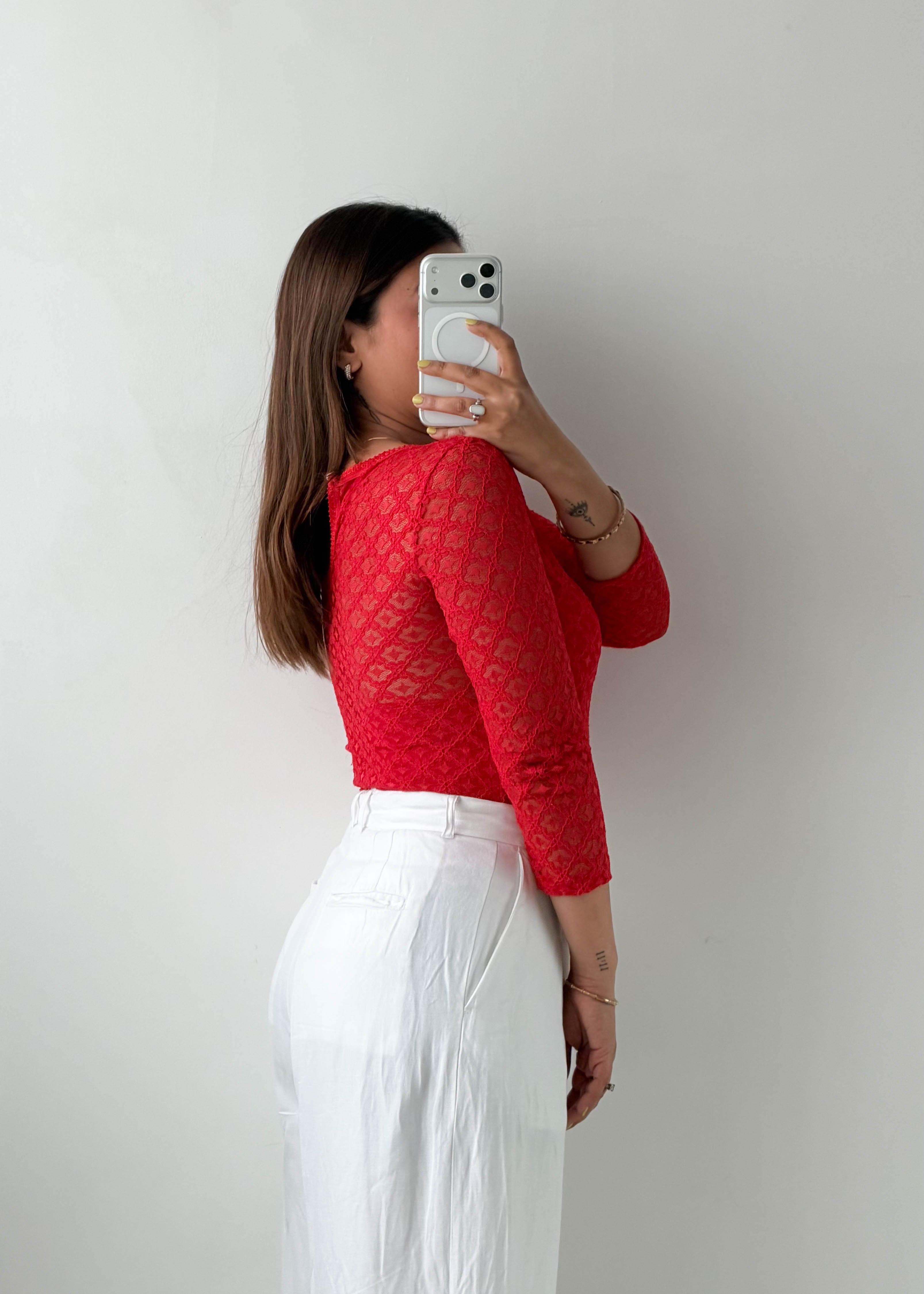 Size S-M Red Lace Long Sleeve Bodysuit