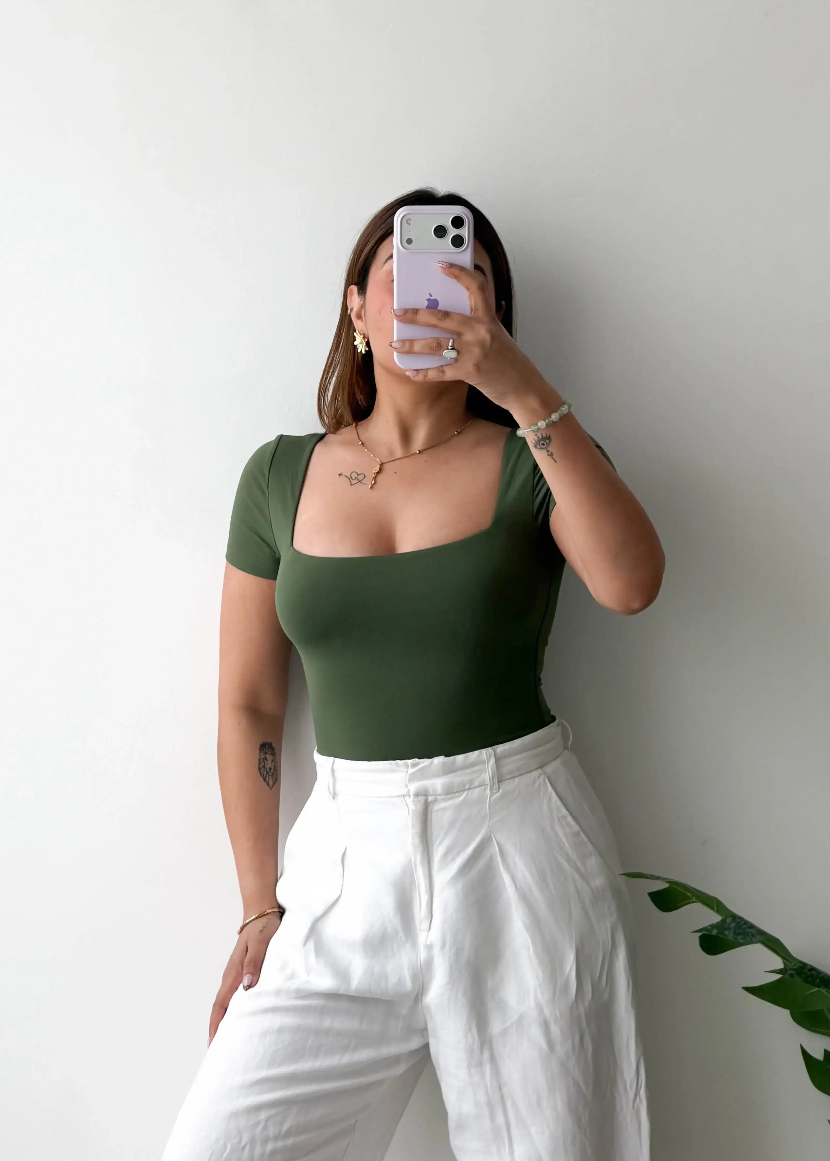 Size S, Olive Square Neck Half Sleeve Bodysuit