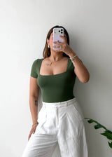 Size S, Olive Square Neck Half Sleeve Bodysuit