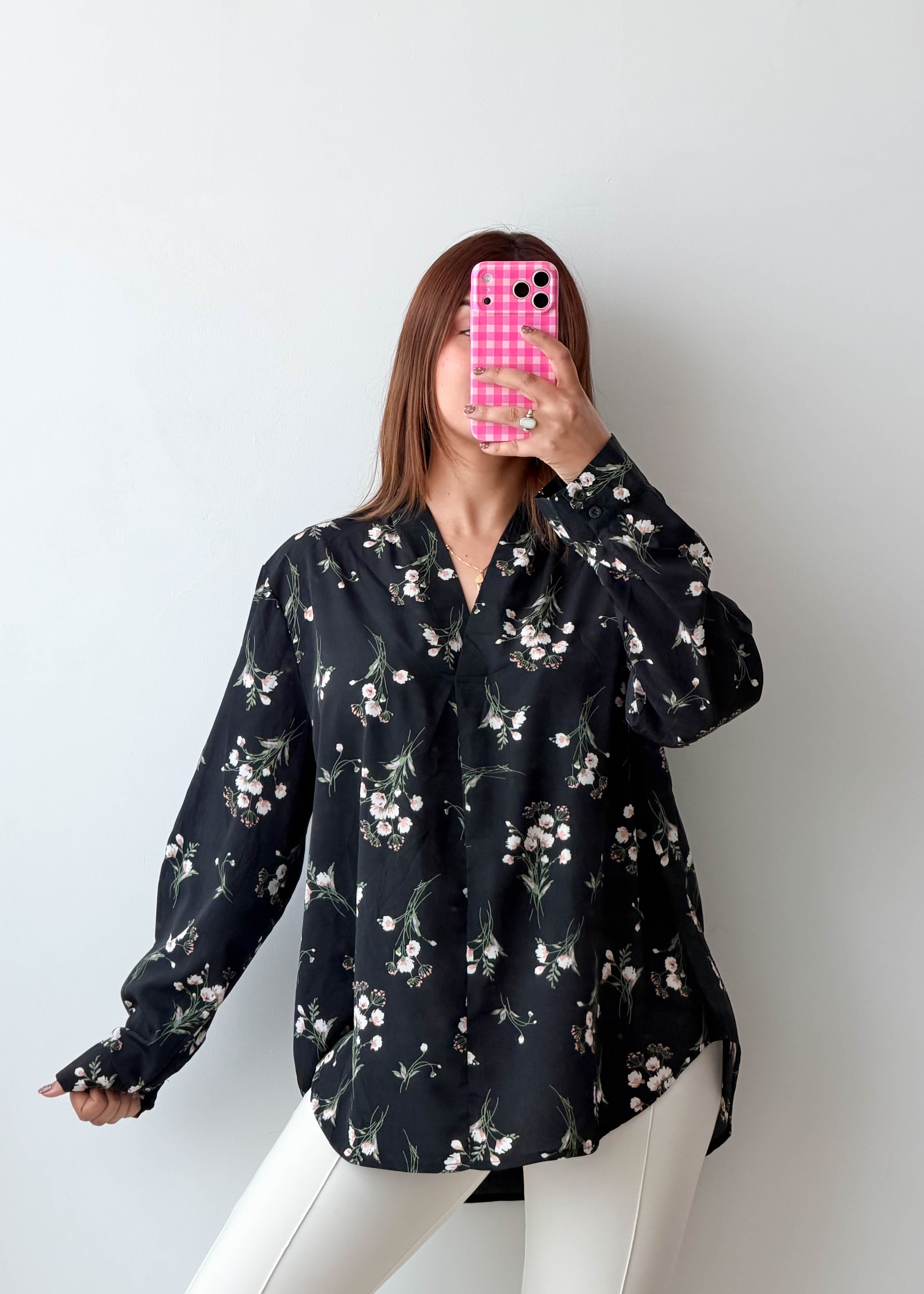 Size L-XL Black Floral Longline Shirt Top