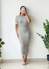 Size XS-S, White & Black Stripe Ribbed Midi Dress - Closet by Payal