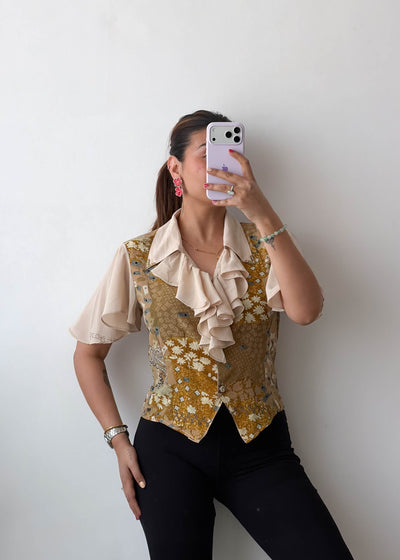 XS-S Beige Ruffle Soft Chiffon Layered Top