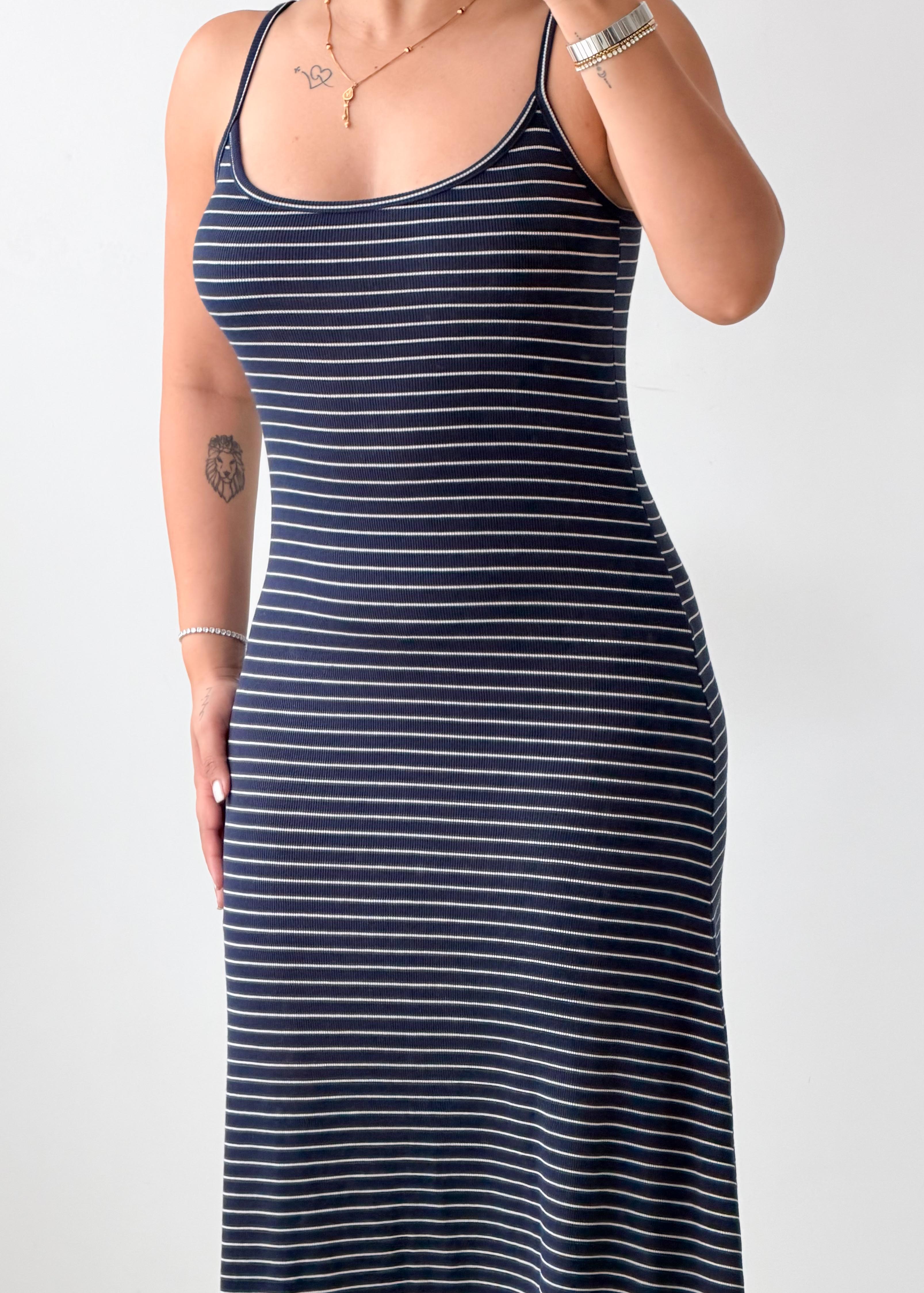 Size S-M Navy & White Striped Ribbed Midi Dress