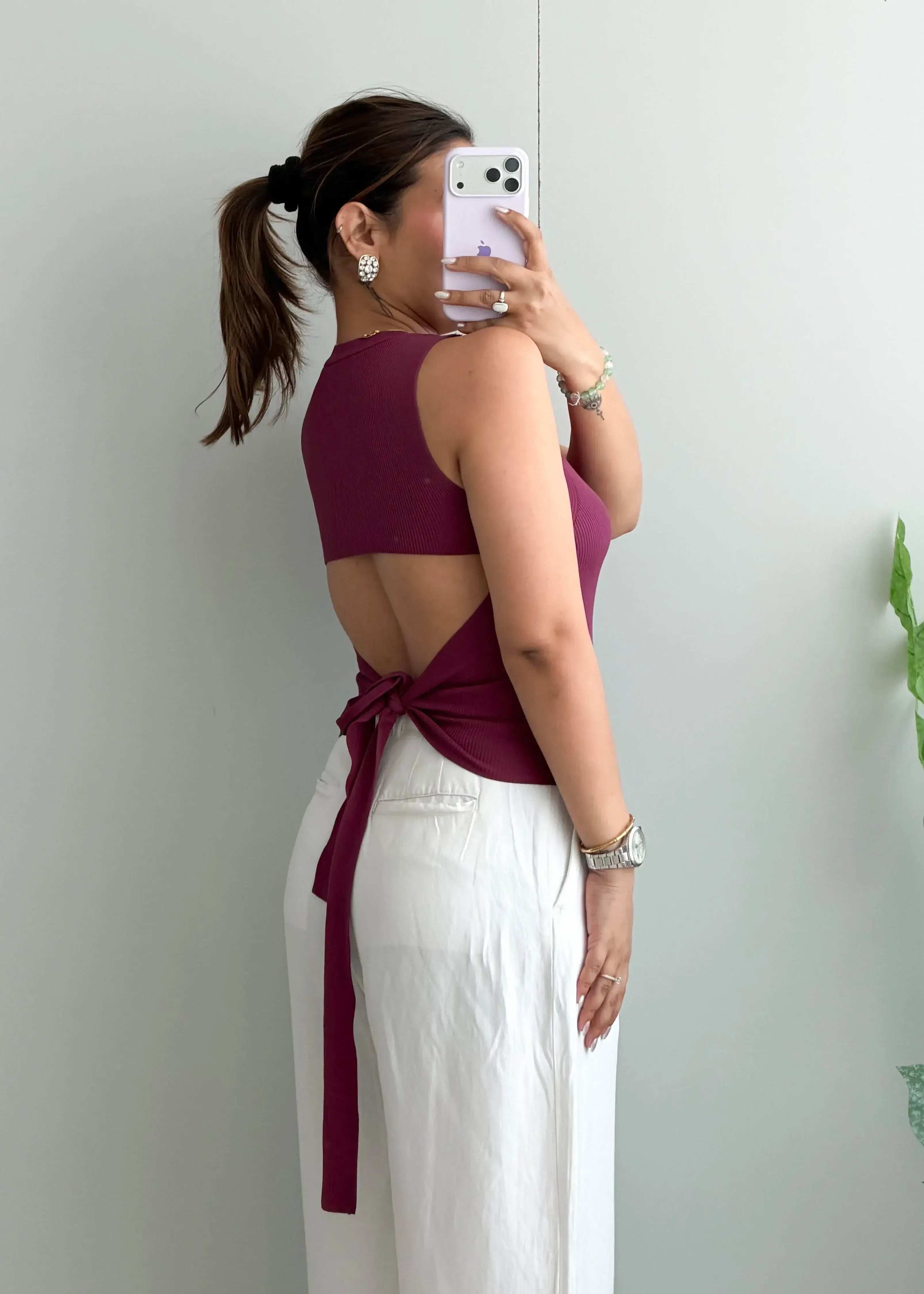 Size M-L, Burgundy Back Tie Ribbed Top - Closet by Payal