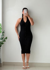 Size XS-M Black Ribbed Button-Front Midi Dress