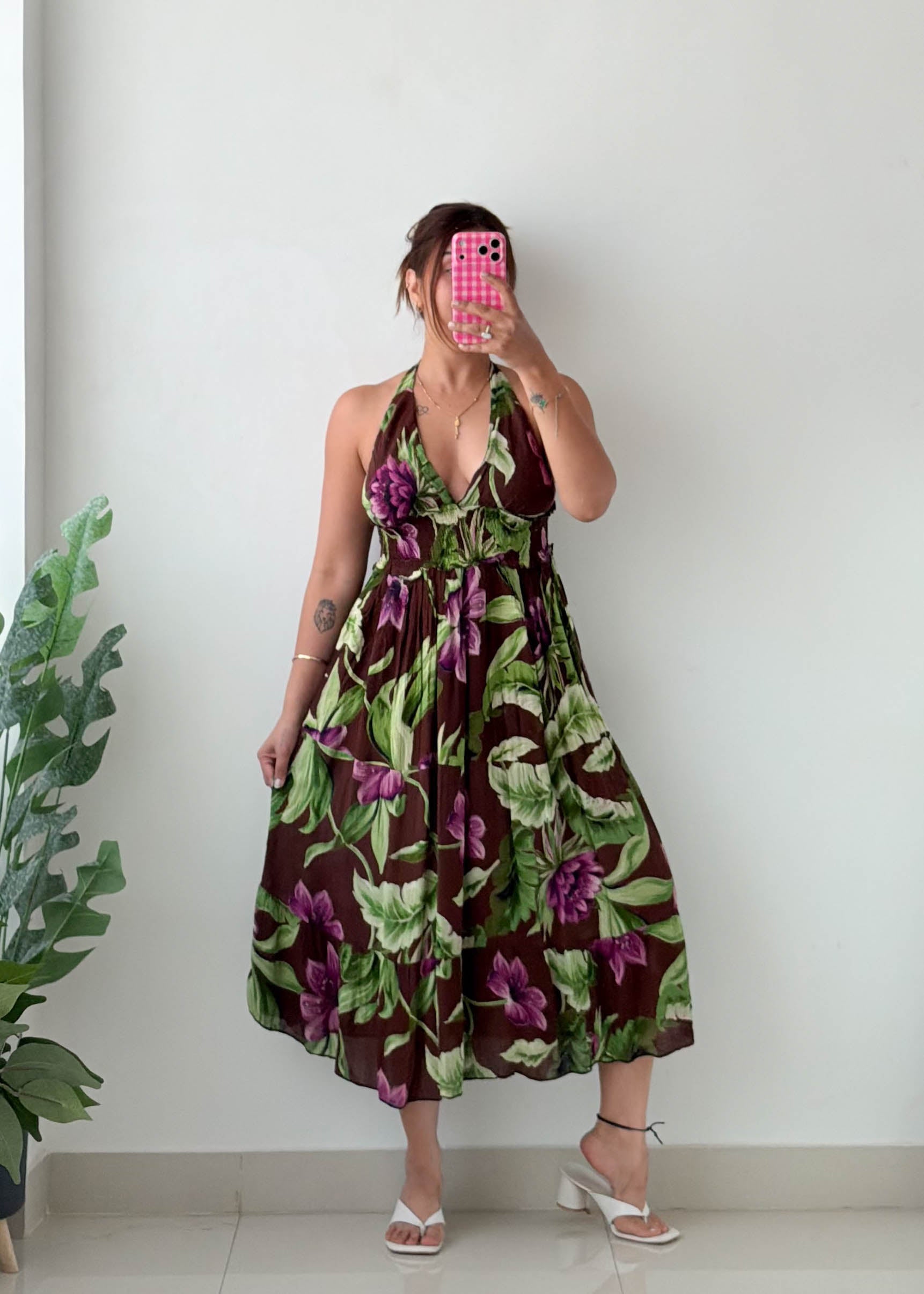 Size S-M Tropical Floral Halter Midi Dress