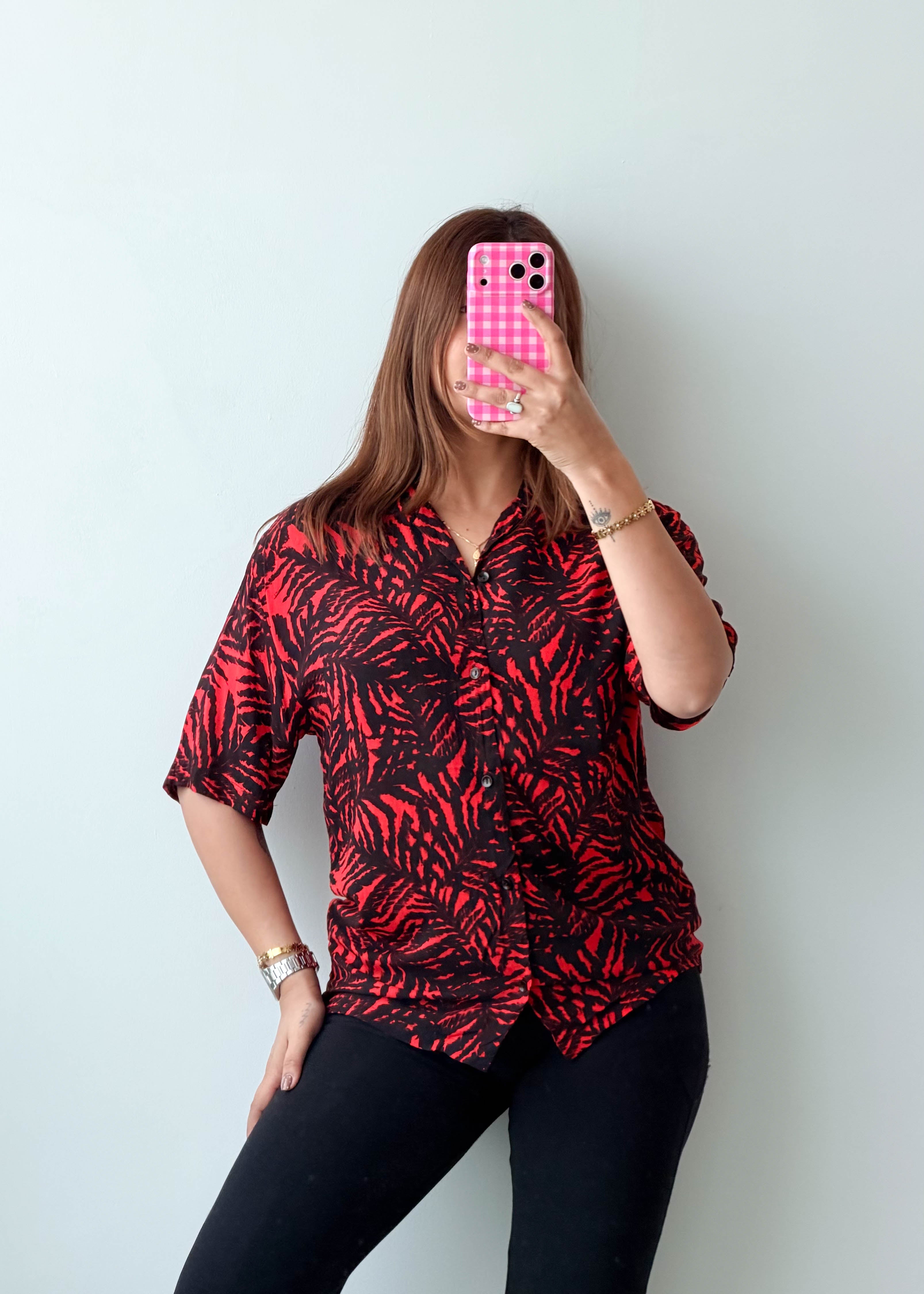 Size M-L Red Black Tropical Print Shirt Top