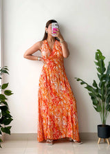 Size M-L, Orange Abstract Halter Maxi Dress
