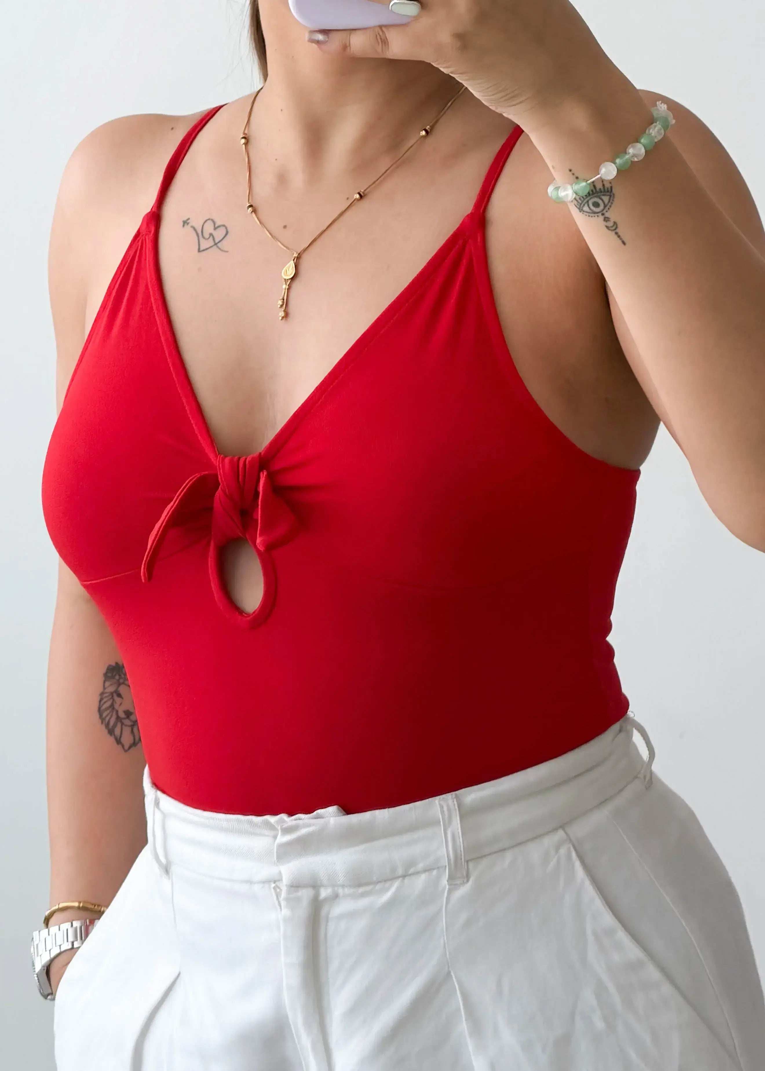 Size S-M Red Tie-Up Front Bodysuit