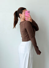 Size M-L Chocolate Brown Ribbed Long Sleeve Top