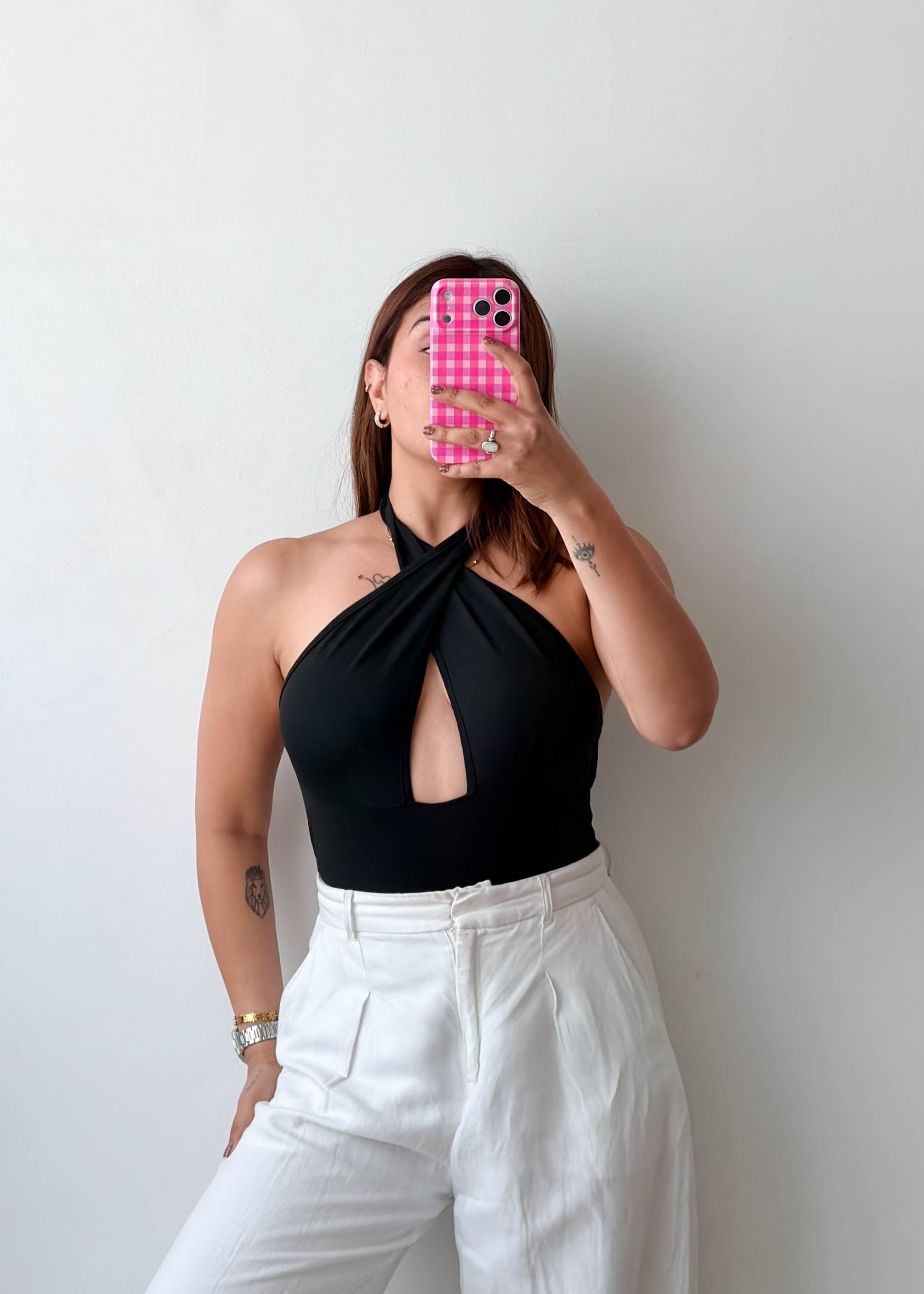 Size S-M Black Halter Cut-Out Bodysuit