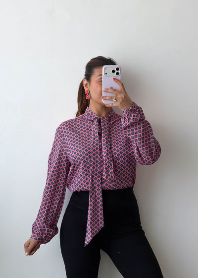 L-XL Pink Geometric Tie Neck Soft Chiffon Shirt