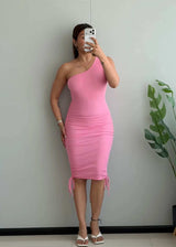 SIZE S-M, Pink One-Shoulder Ruched Midi Dress - Closet by Payal