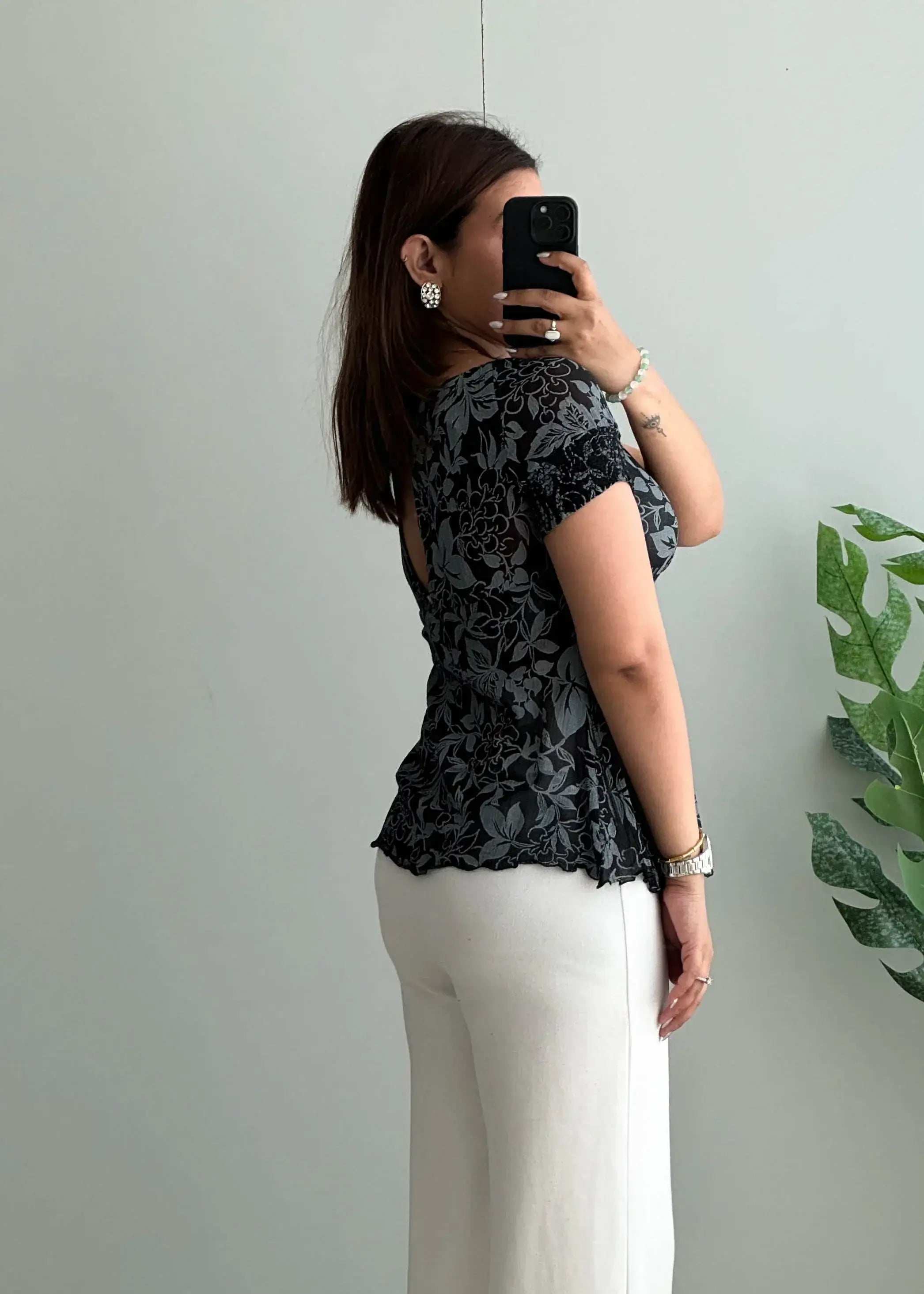 Size XS-S, Y2K Black Floral Sheer Tie-Up Top - Closet by Payal