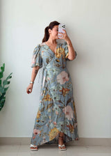 Size M-L Blue Floral Wrap Maxi Dress With Lining