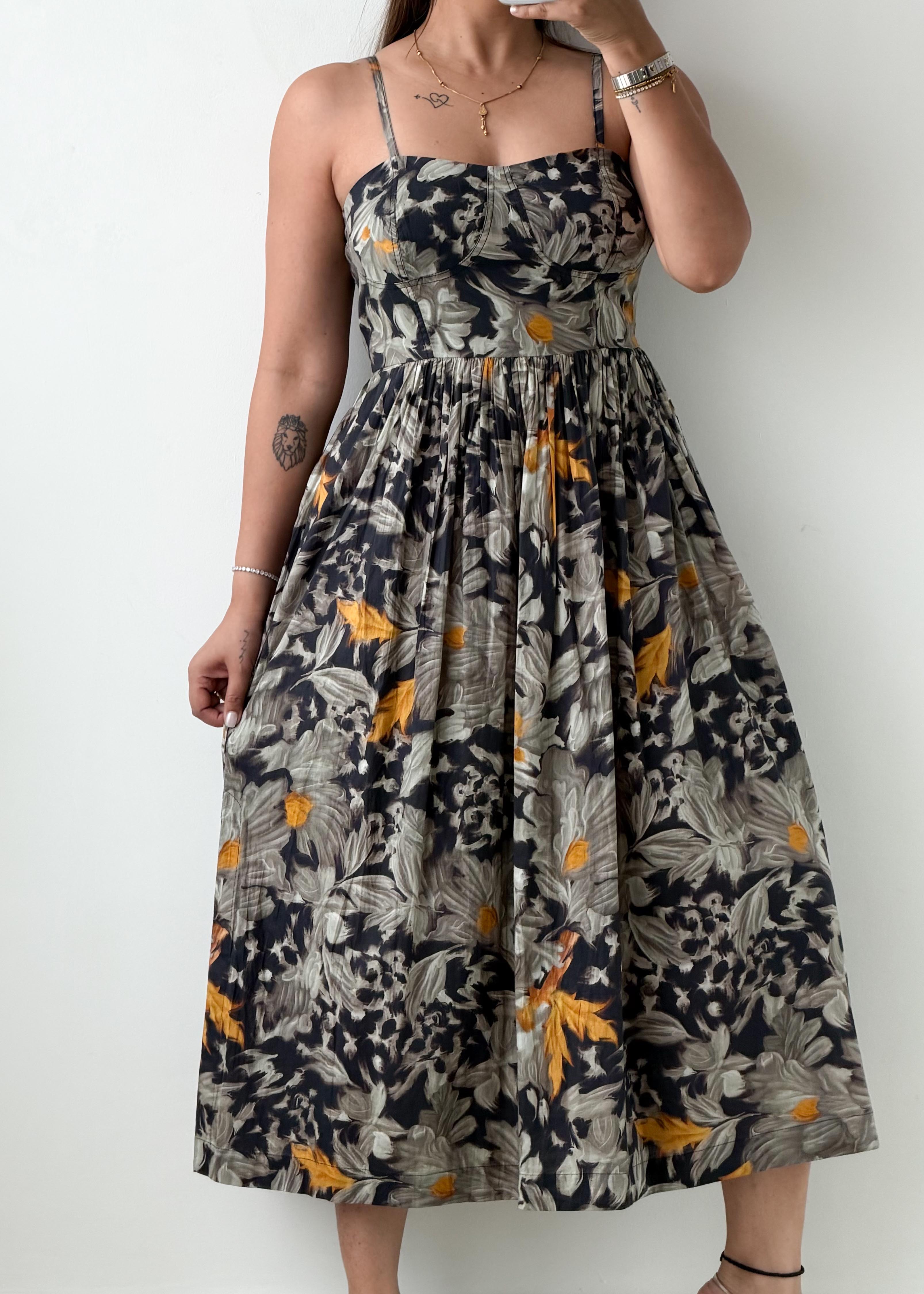 Size S-M Black Floral Print Midi Dress