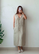 Size M-L Cotton Beige Utility Midi Dress