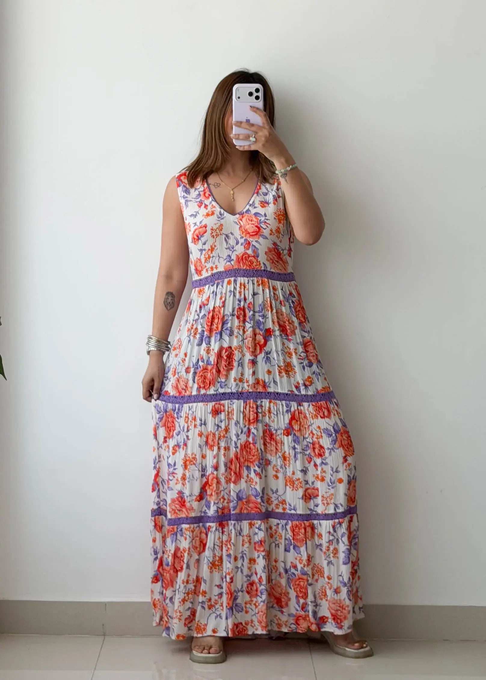 Size M-L, White Floral Tiered Maxi Dress