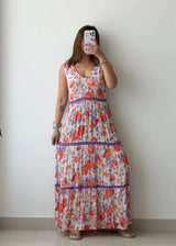 Size M-L, White Floral Tiered Maxi Dress