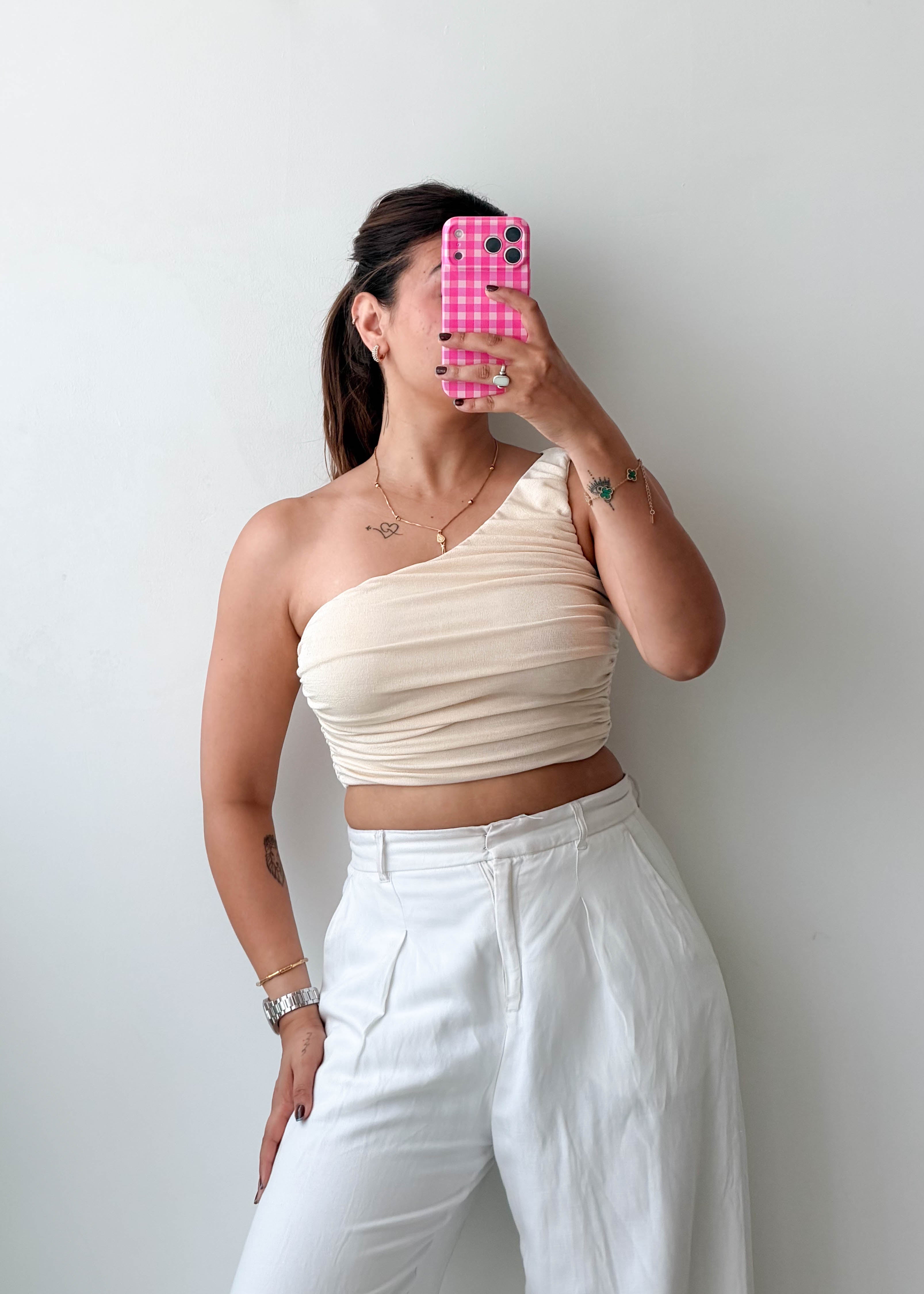 Size XS-S Cream One Shoulder Ruched Top