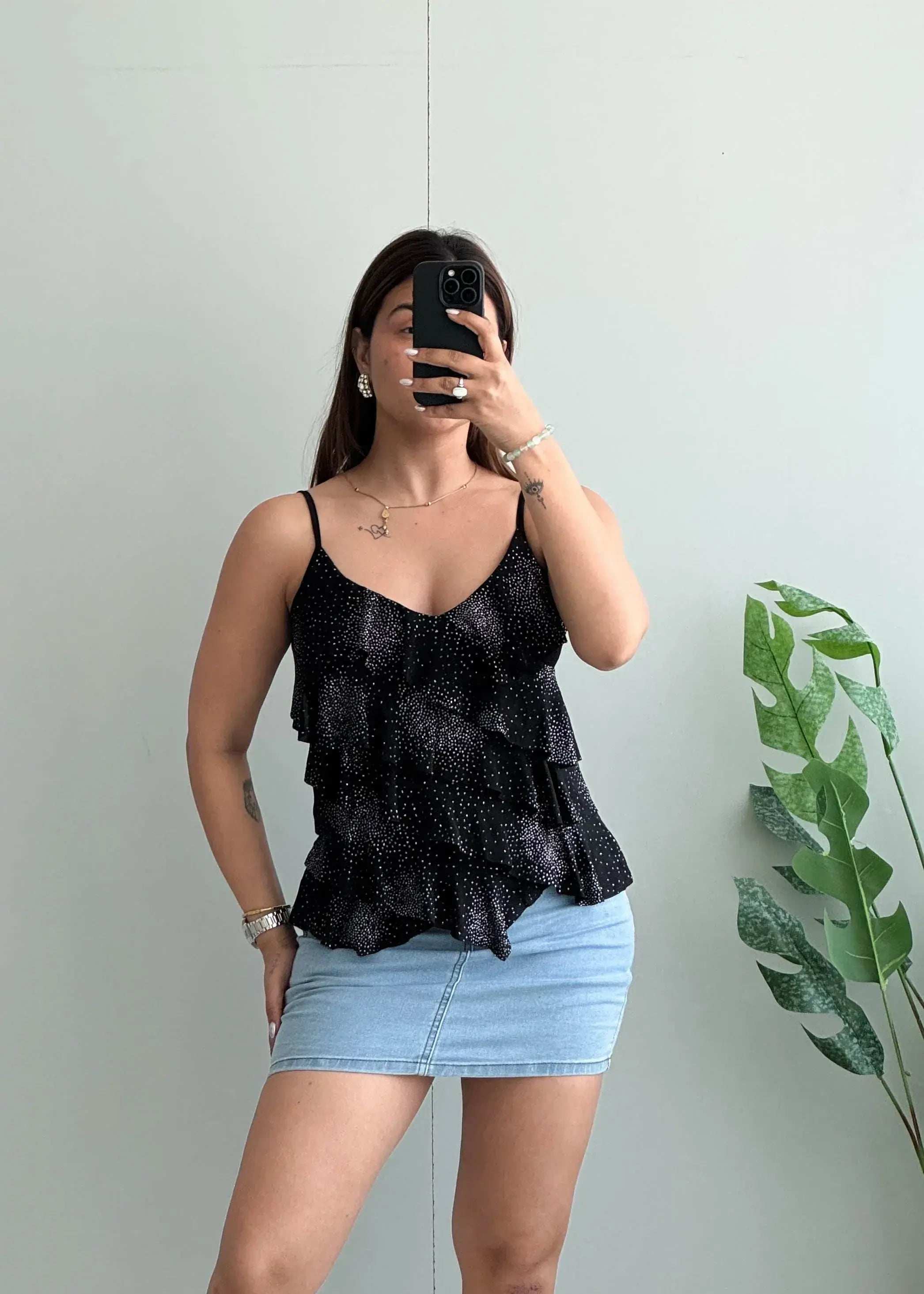 Size XS-S, Black Spaghetti Strap Ruffle Top - Closet by Payal