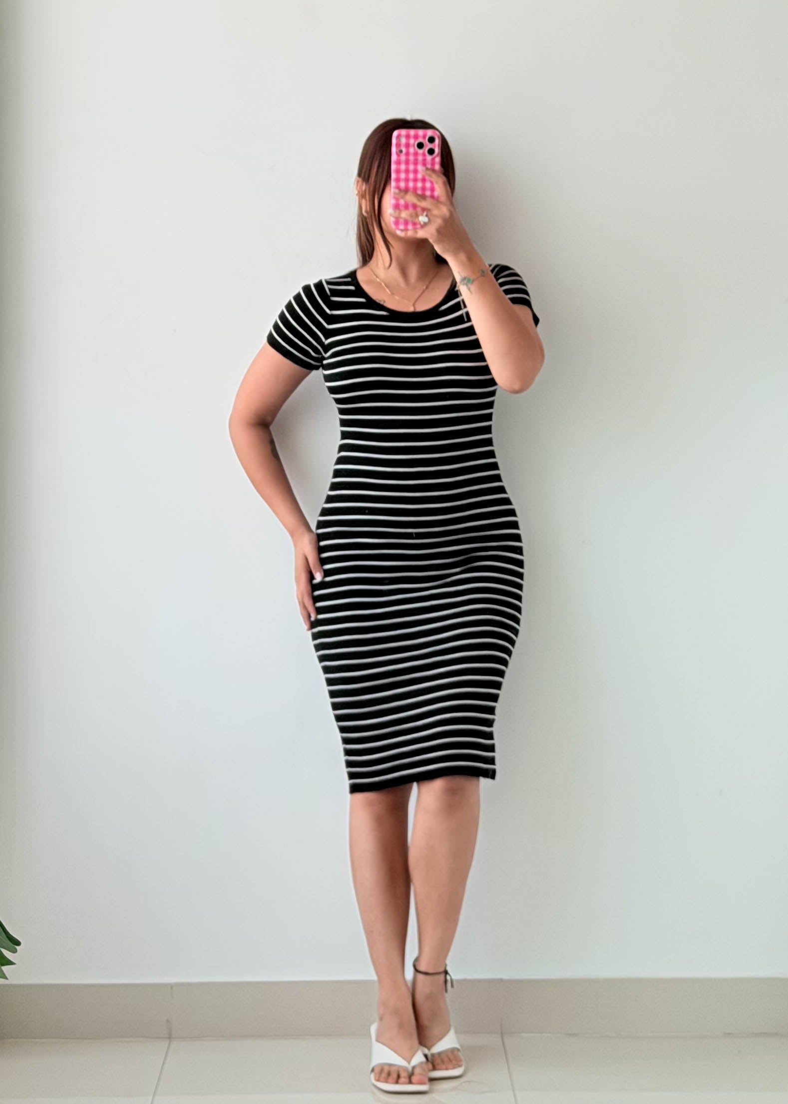 Size S-M Black & White Striped Bodycon Midi Dress