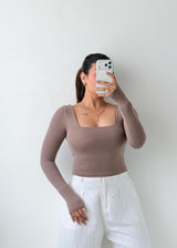 Size S-M Taupe Square Neck Long Sleeve Top