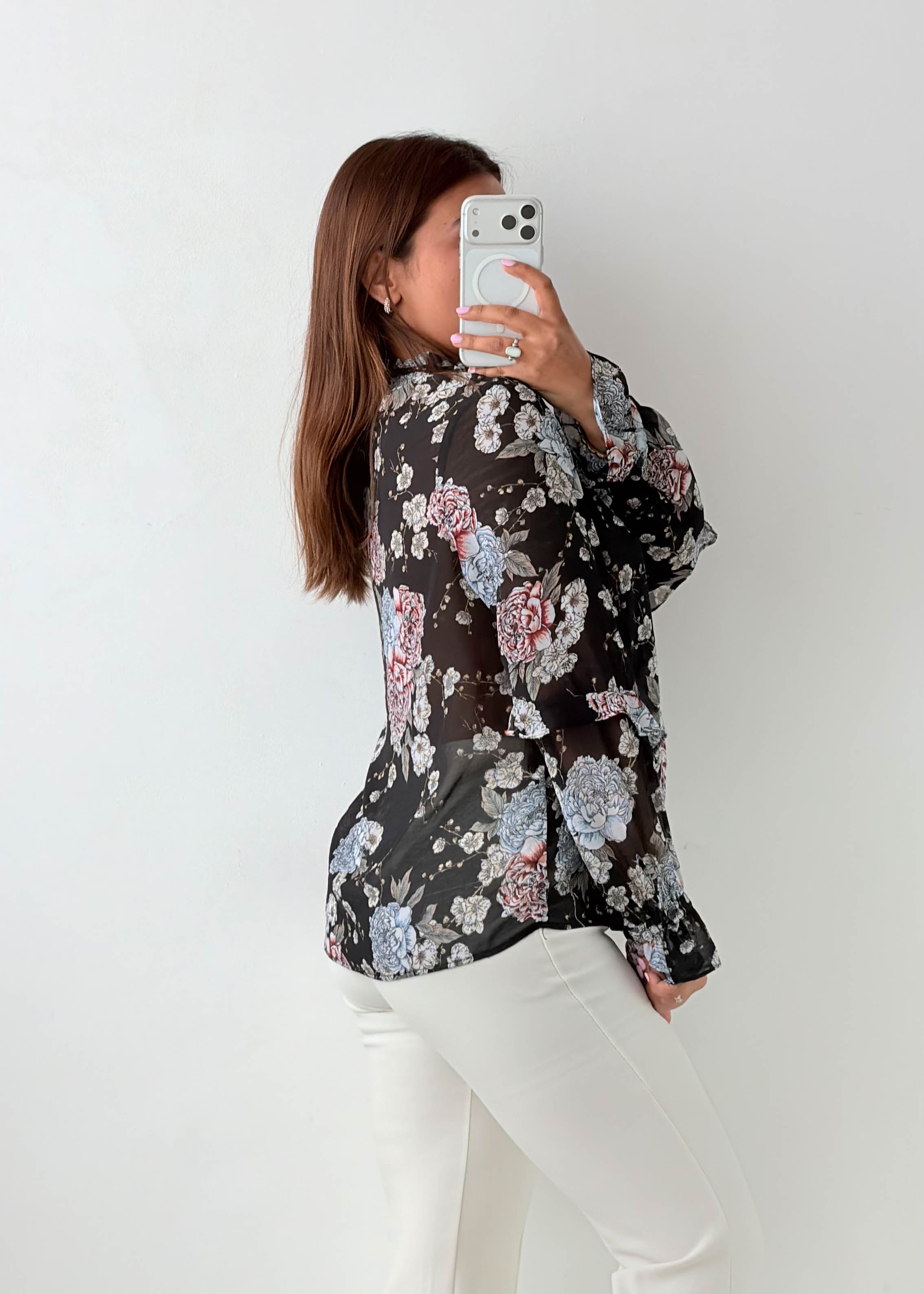 Size XS-S Black Floral Sheer Blouse