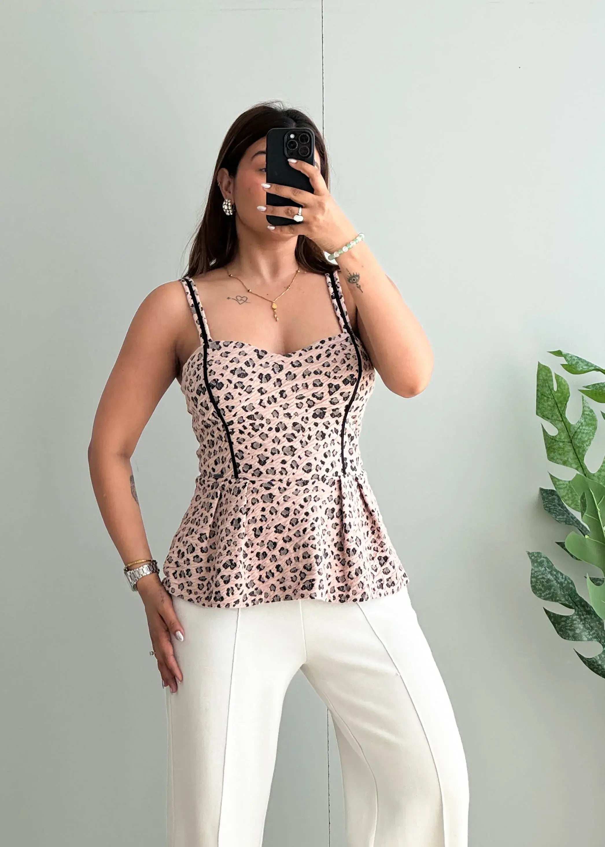 Size S-M, Pink Leopard Print Peplum Cami Top - Closet by Payal