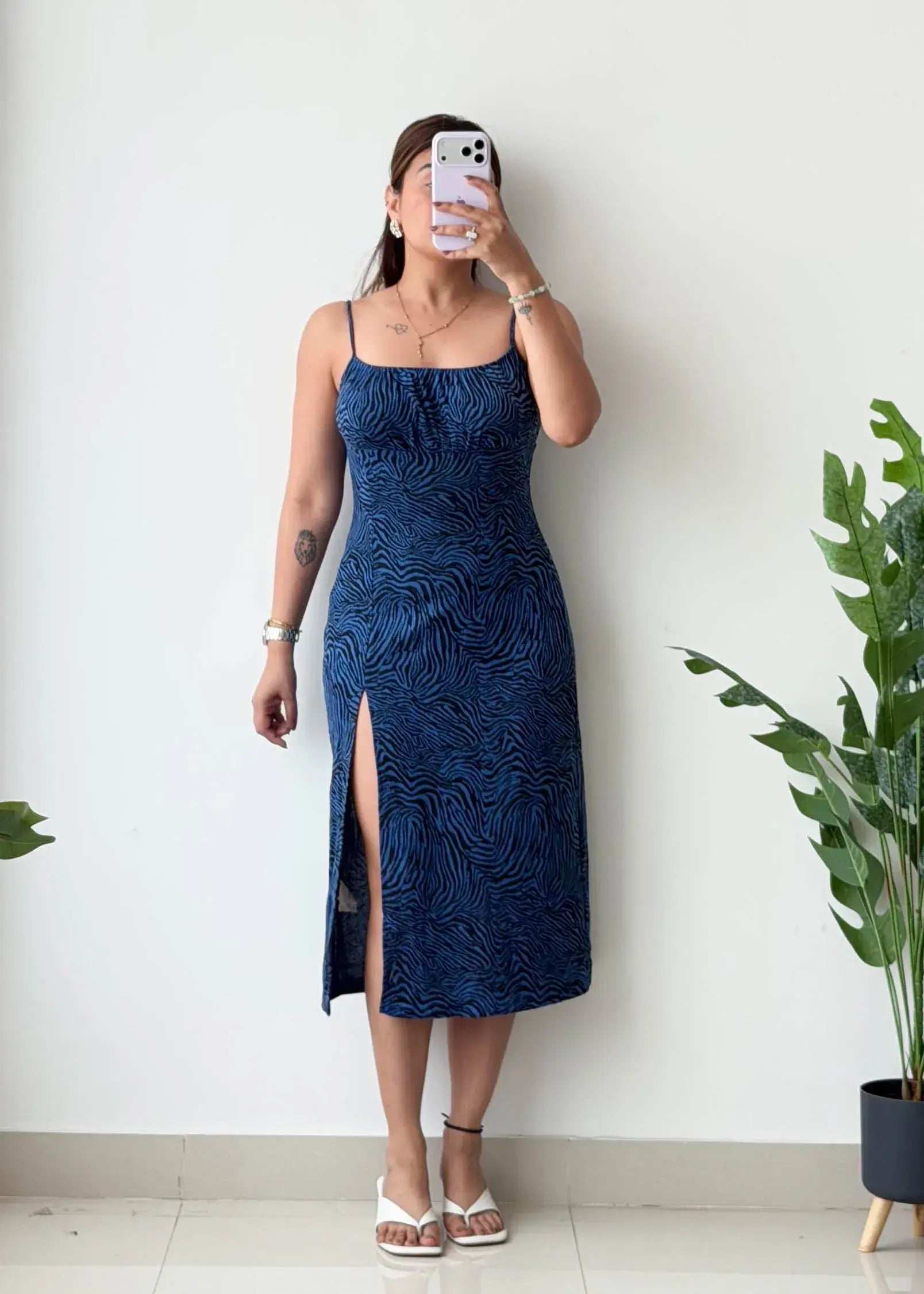 Size S-M, Blue Printed Side Slit Midi Dress - Closet by Payal