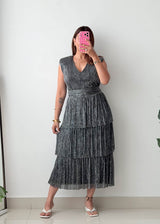 Size M-L Silver Pleated Midi Dress