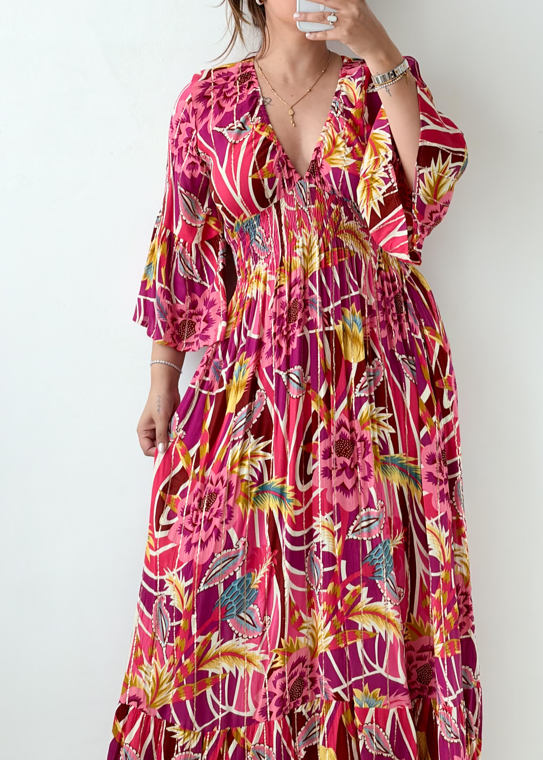 Size XS-M Pink Printed Flowy Maxi Dress