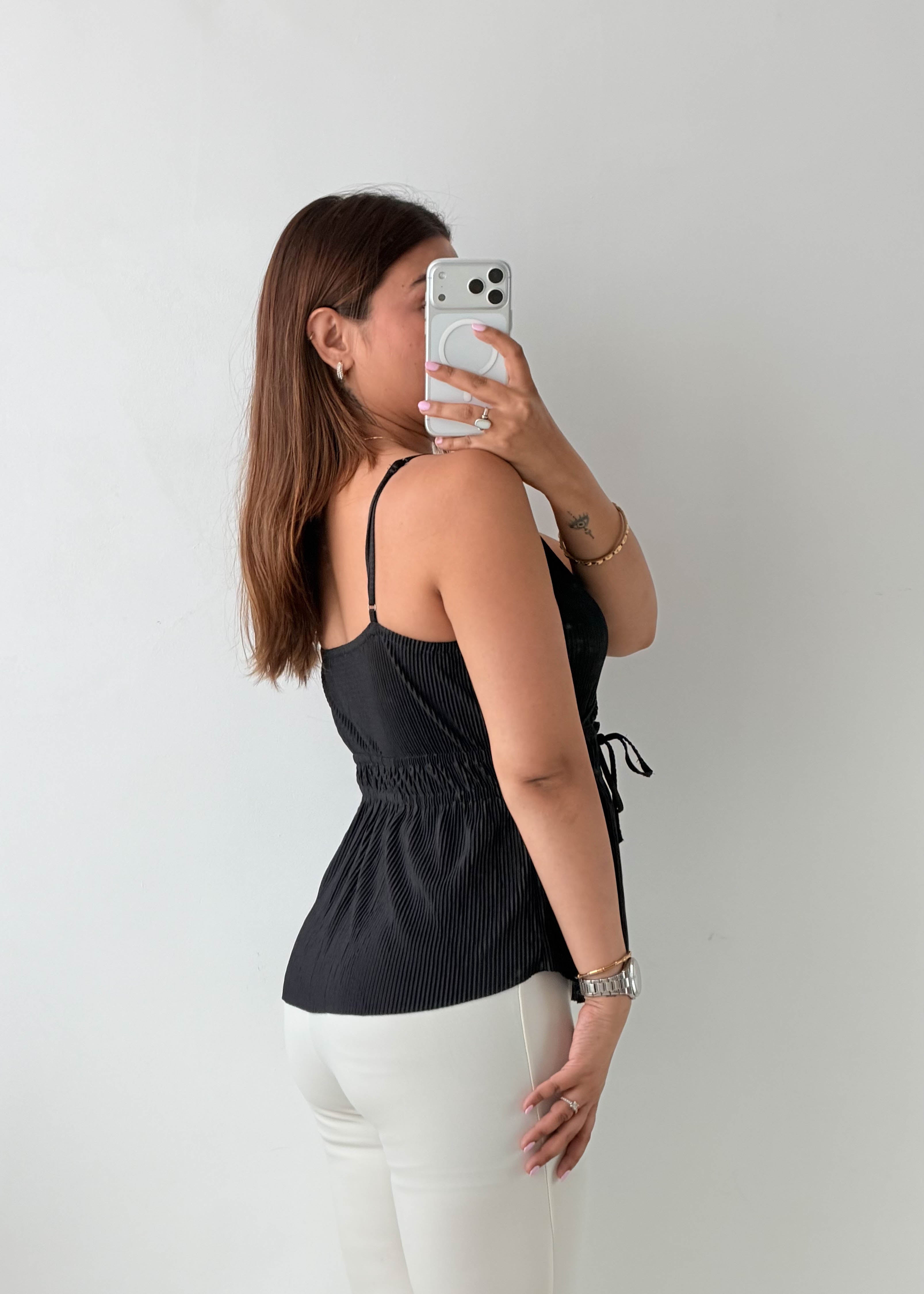 Size M-L Black Pleated Wrap Peplum Top