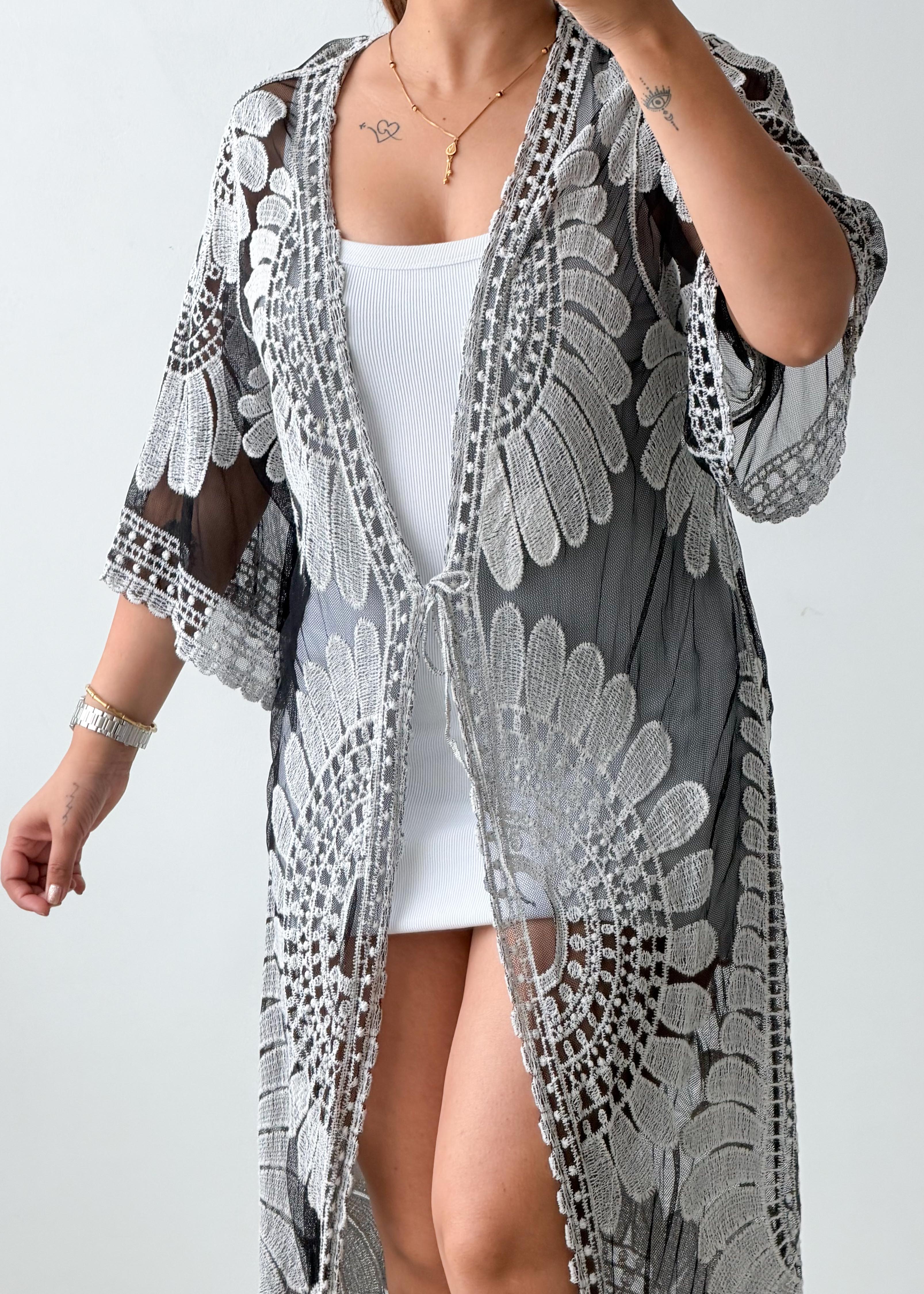 Free Size Black & White Mesh Lace Cover-Up