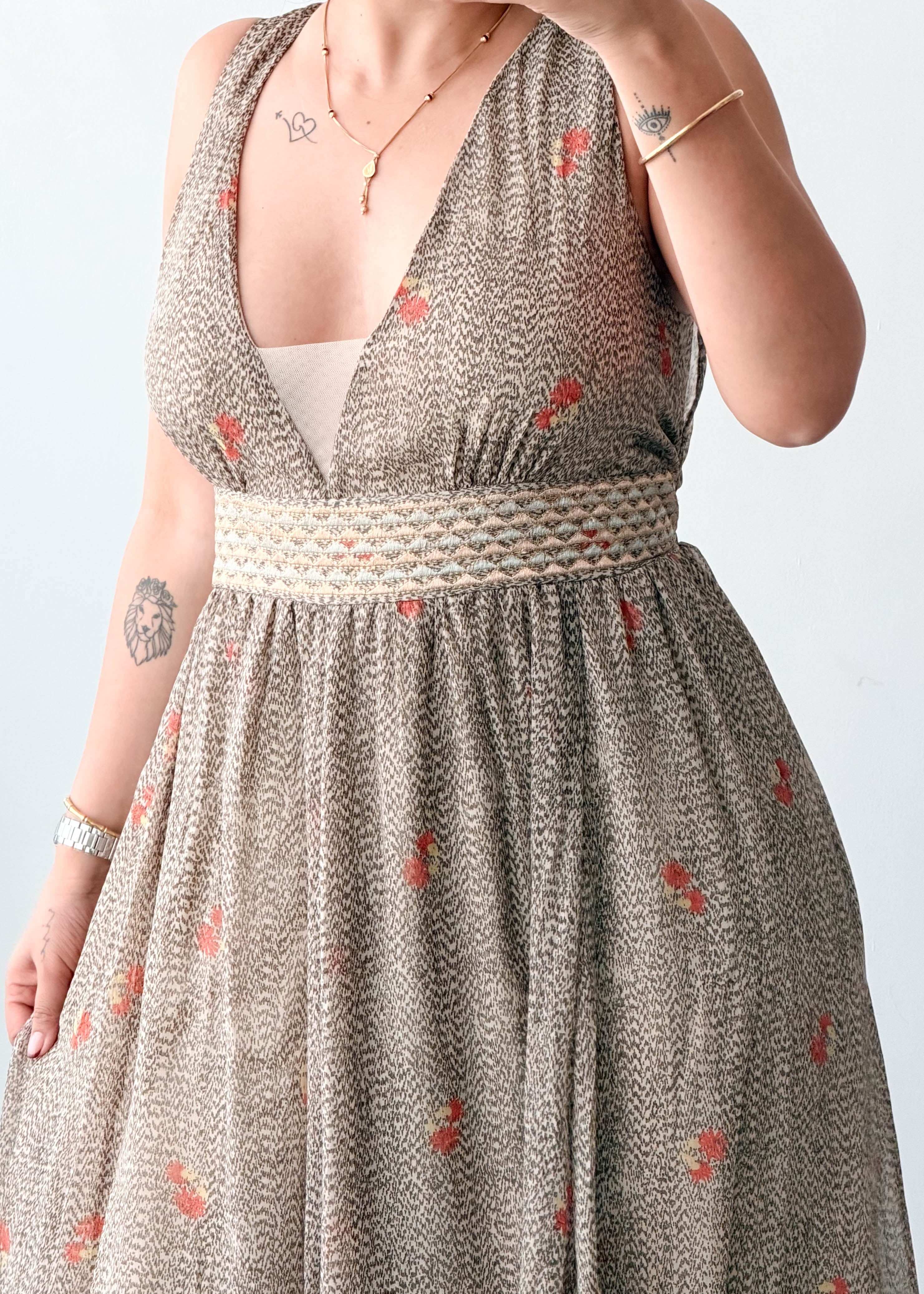 Size L-XL Beige Printed Maxi Dress
